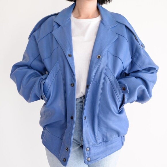 Women's Blue Leather Jacket - Picture 1 of 14
